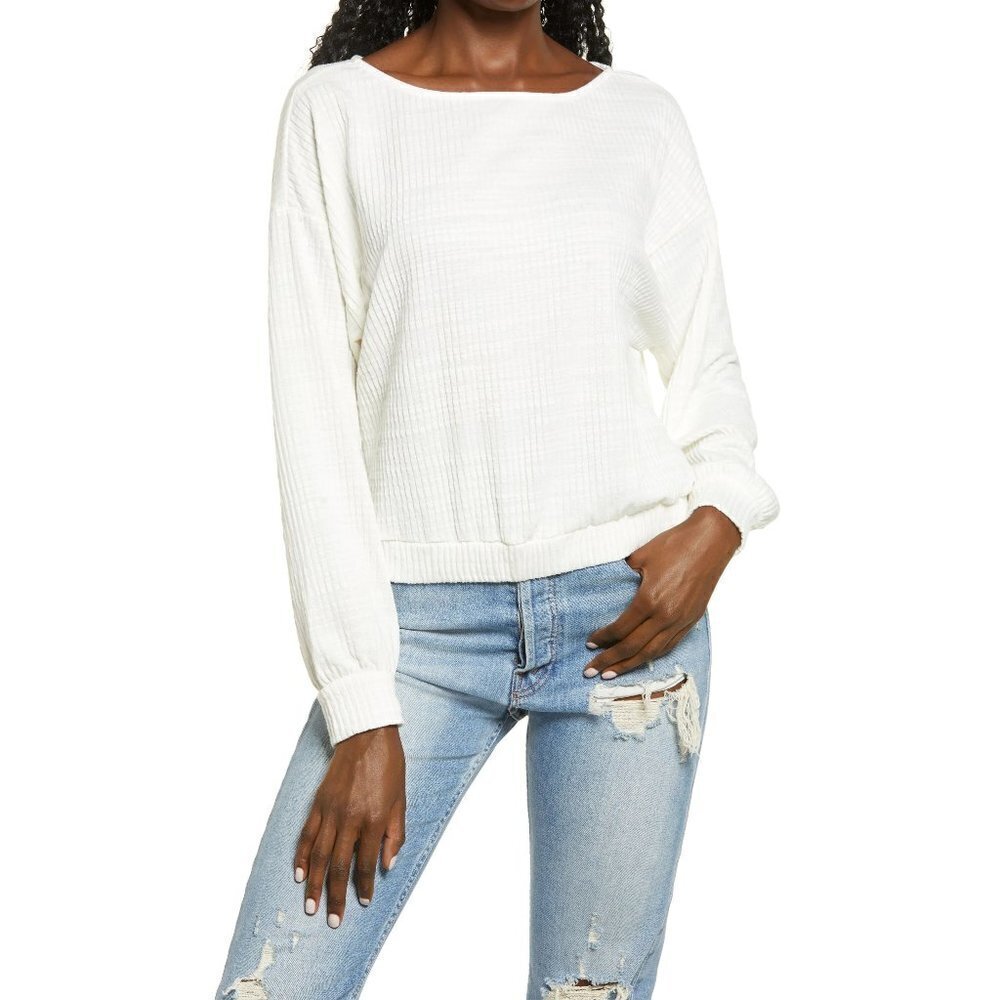 New All In Favor Boat Neck Pullover Medium Womens Off White Shit Top Blouse NWT